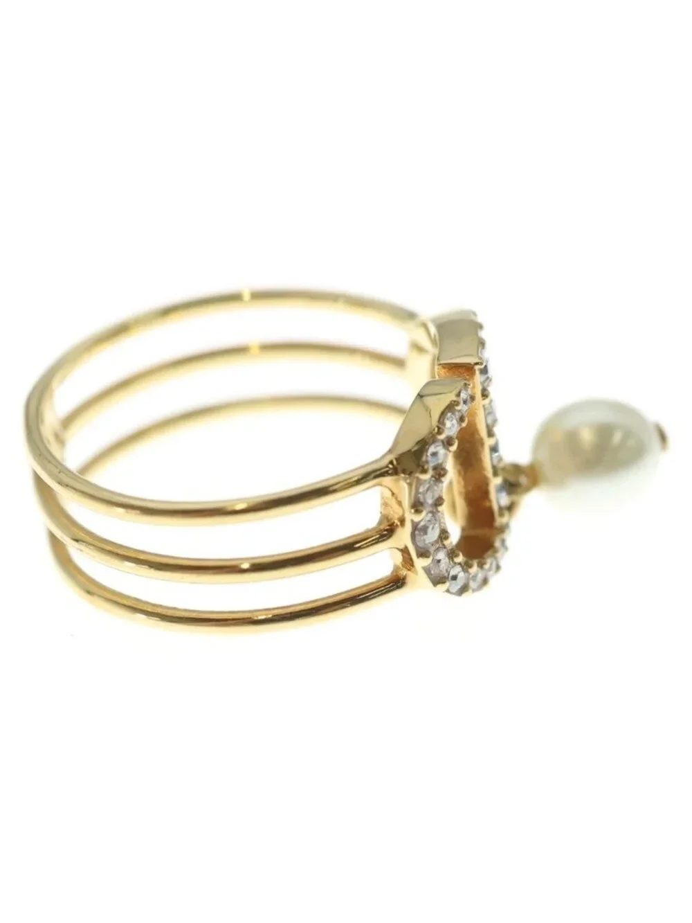Dior CD Logo Rhinestone Faux Pearl Ring L Gold